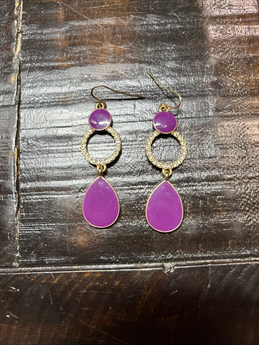 Purple Teardrop Drop Earrings with Pave Ring